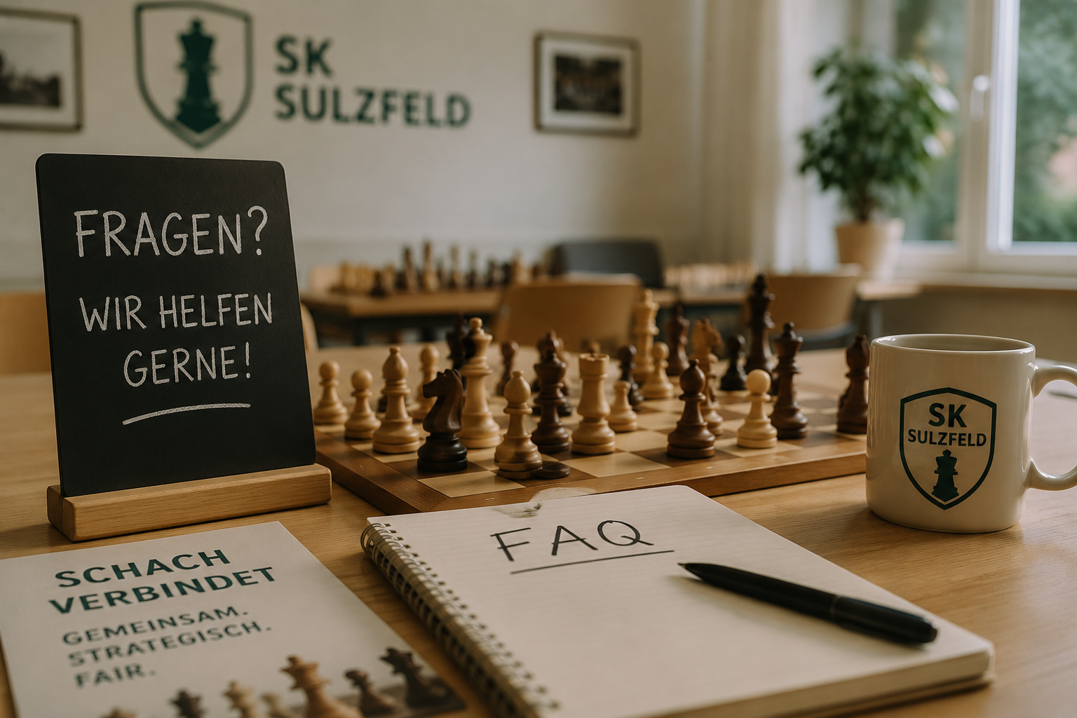 Schachbrett mit FAQ-Notiz in einem Vereinsraum